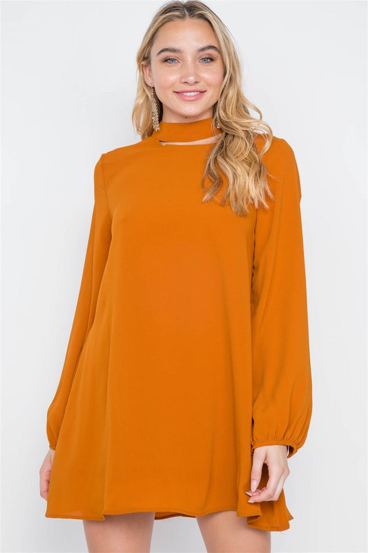 Camel Cut-Out Neck Solid Long Sleeve Dress /2-2-2