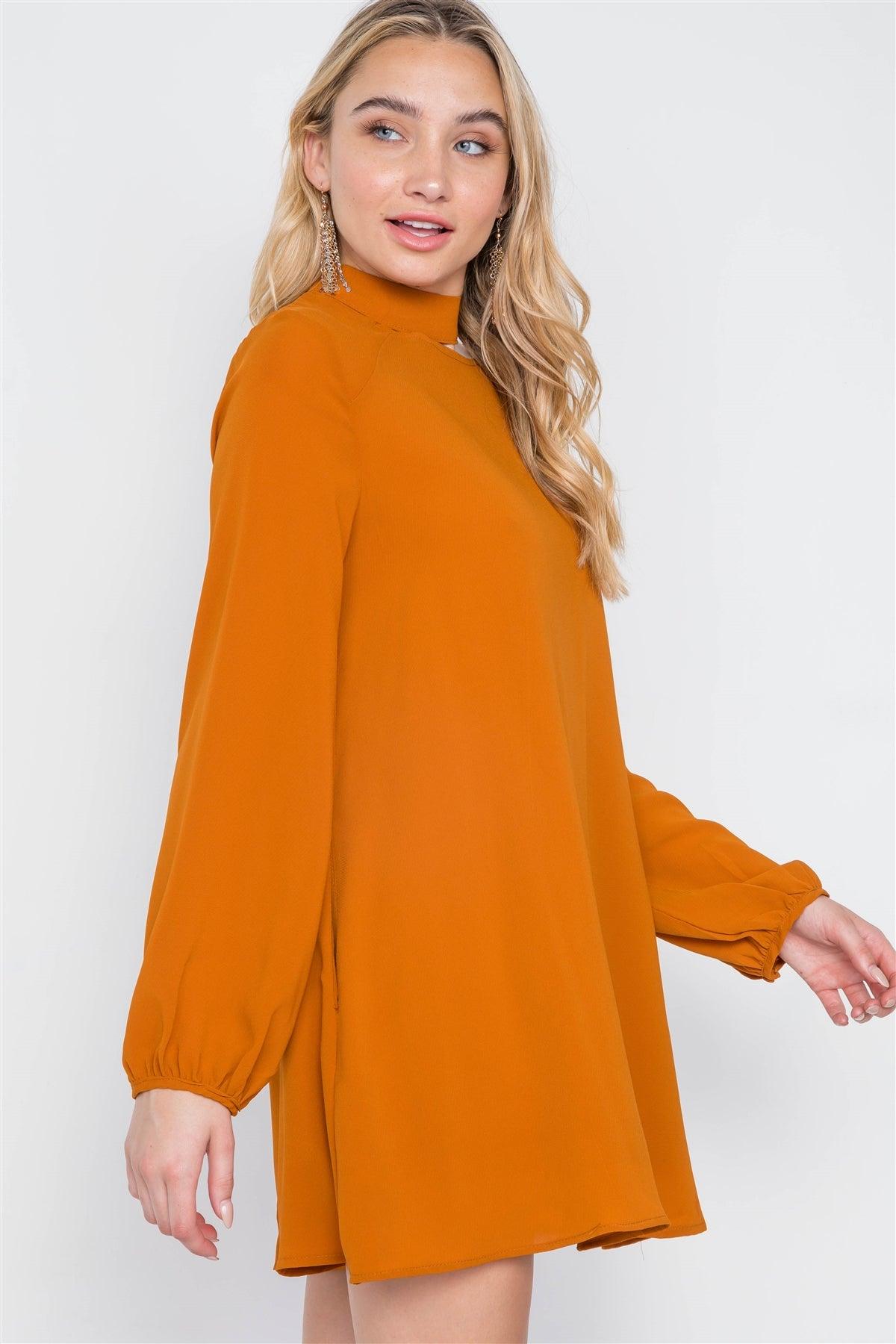 Camel Cut-Out Neck Solid Long Sleeve Dress /2-2-3