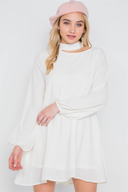 Off White Cut-Out Neck Solid Long Puff Balloon Sleeve Dress /2-2-2