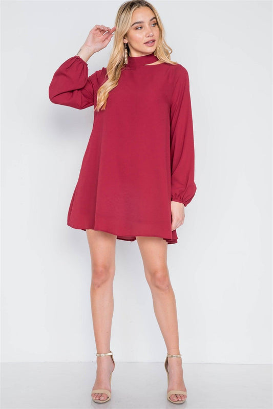 Wine Cut-Out Neck Solid Long Sleeve Dress /1-2-3