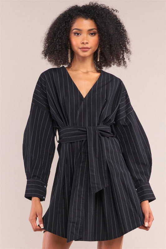 Black Pinstriped Long Puff Sleeve Surplice Neck Wrap Mini Dress /2-2-2