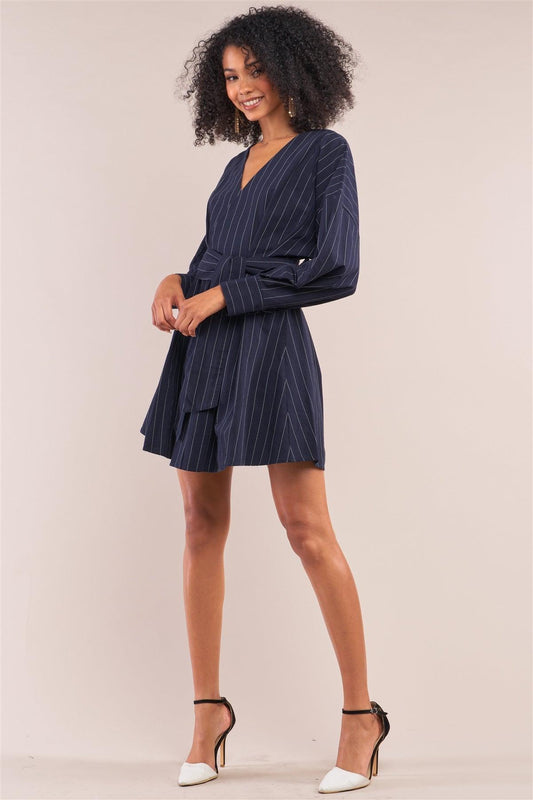 Navy Pinstriped Long Puff Sleeve Surplice Neck Wrap Mini Shirt Dress /1-2-2