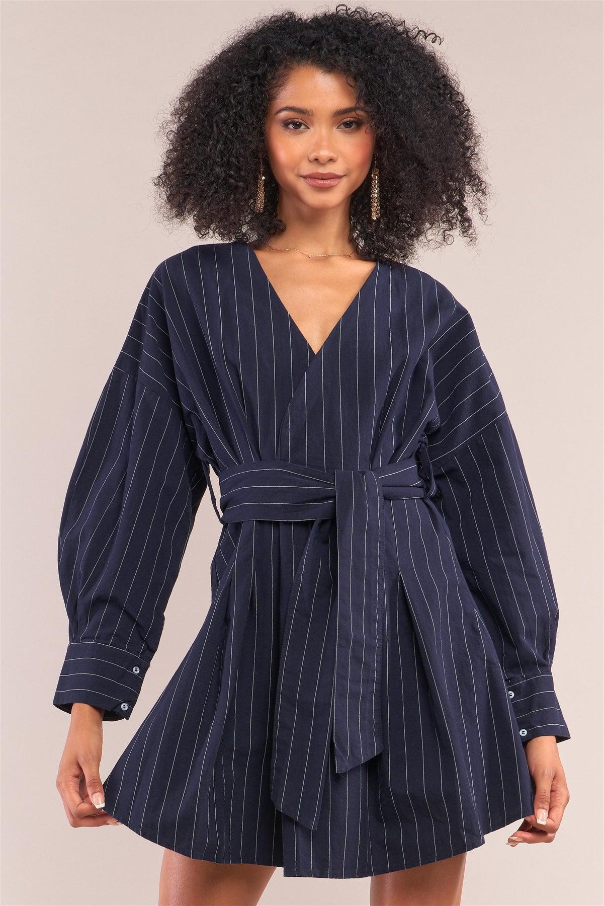 Navy Pinstriped Long Balloon Puff Sleeve Surplice Neck Wrap Mini Shirt Dress /2-2-2