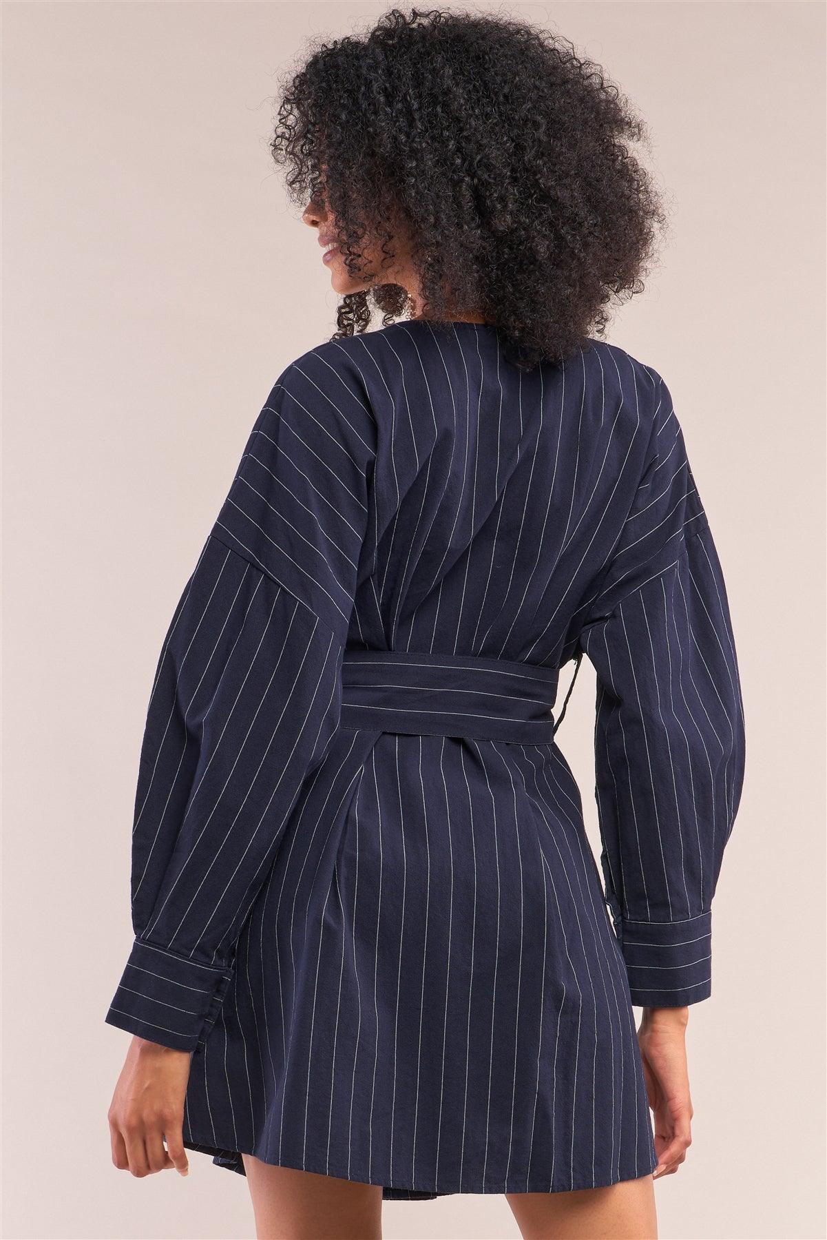 Navy Pinstriped Long Balloon Puff Sleeve Surplice Neck Wrap Mini Shirt Dress /2-2-2