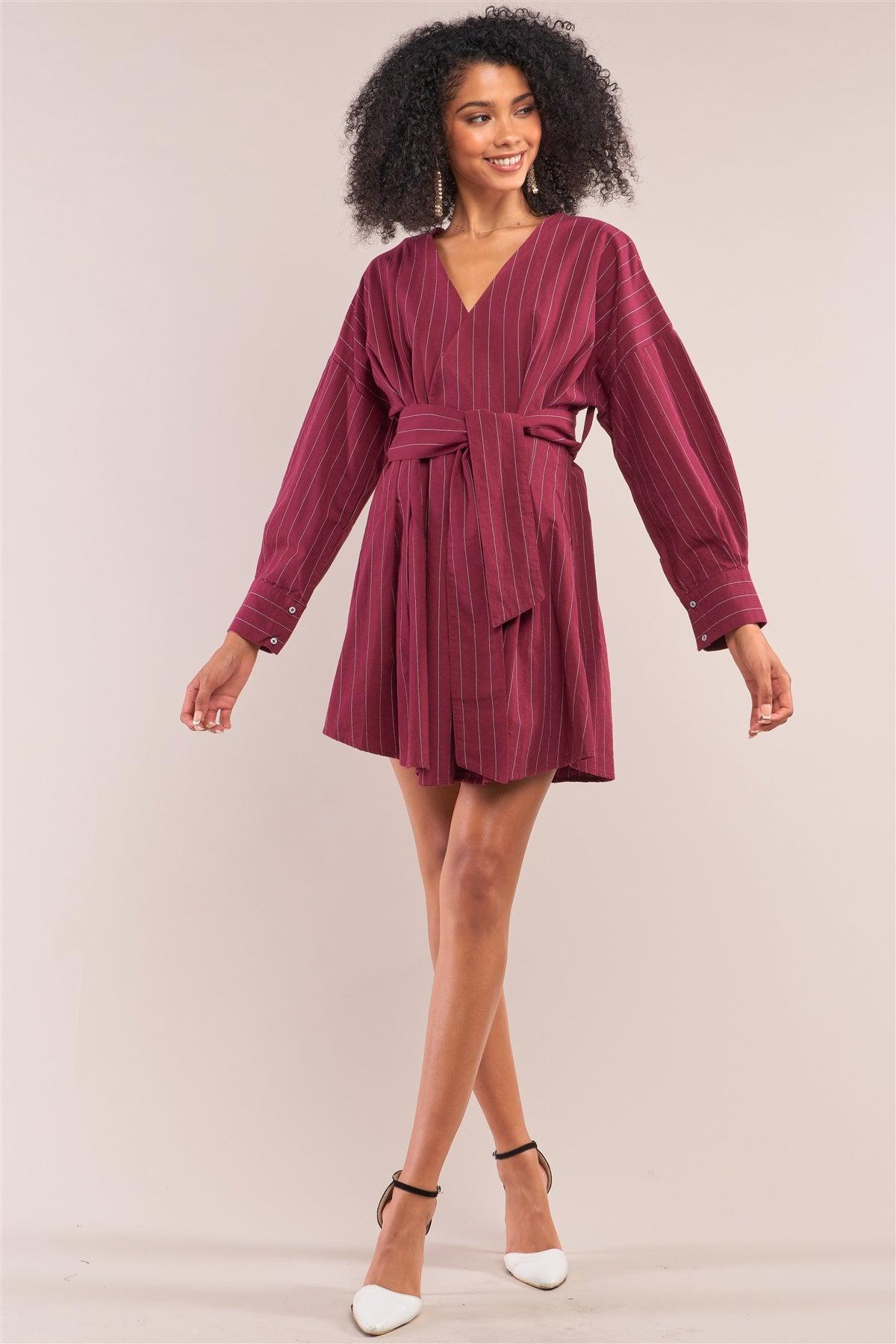 Wine Pinstriped Long Balloon Puff Sleeve Surplice Neck Wrap Mini Shirt Dress /1-2-2