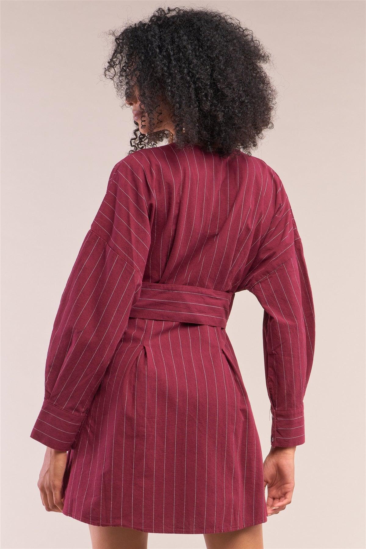 Wine Pinstriped Long Balloon Puff Sleeve Surplice Neck Wrap Mini Shirt Dress /1-2-2