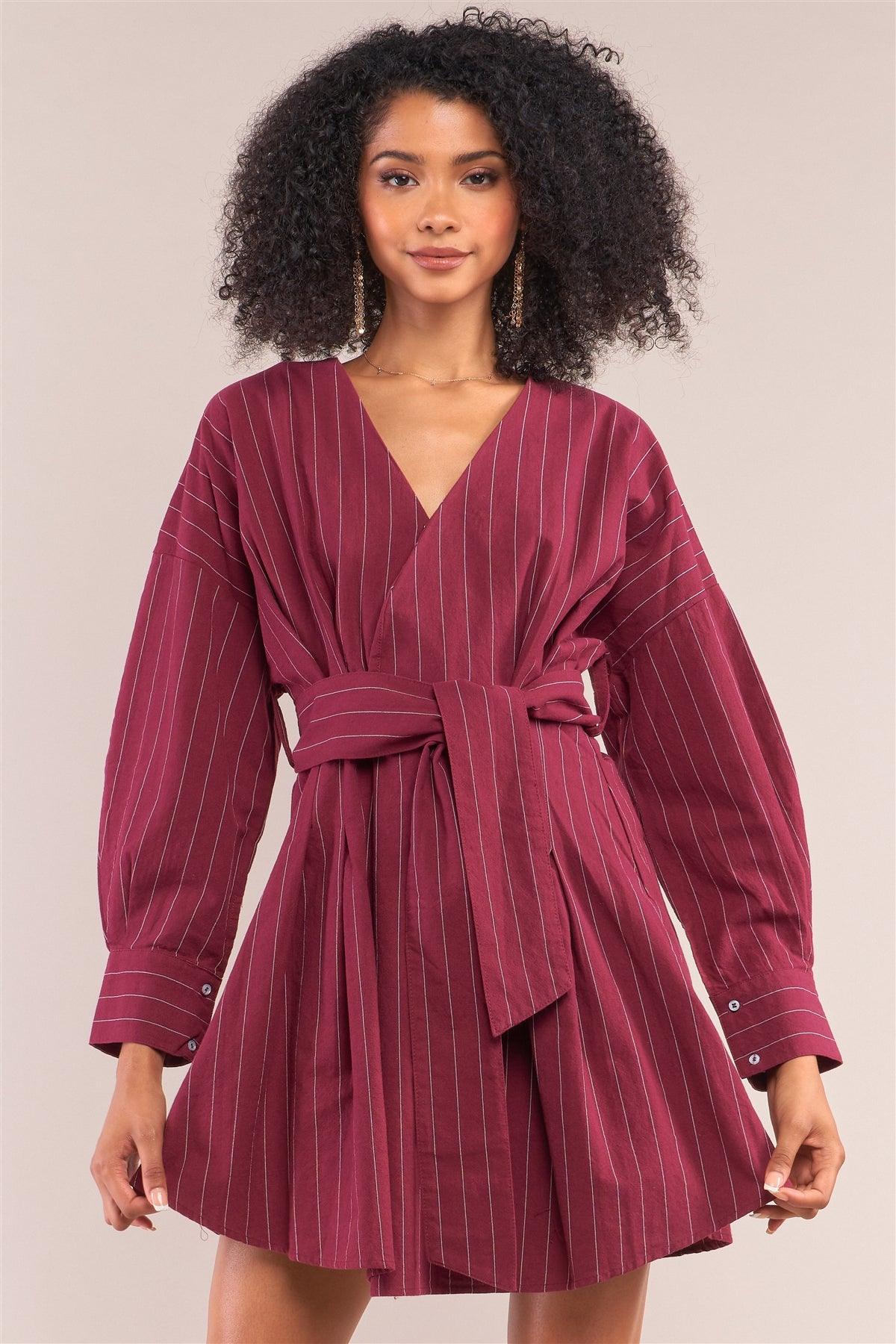 Wine Pinstriped Long Balloon Puff Sleeve Surplice Neck Wrap Mini Shirt Dress /1-2-2