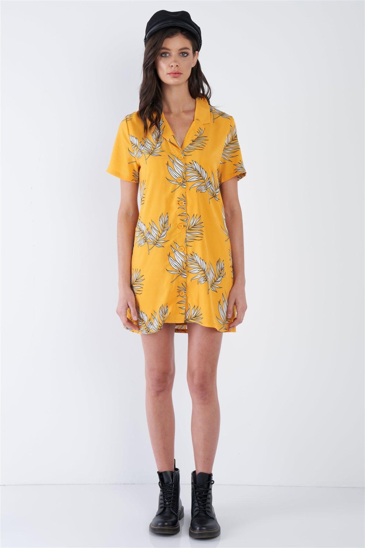 Yellow Tropical Print V-Neck Front Button Mini Shirt Dress /1-2-2