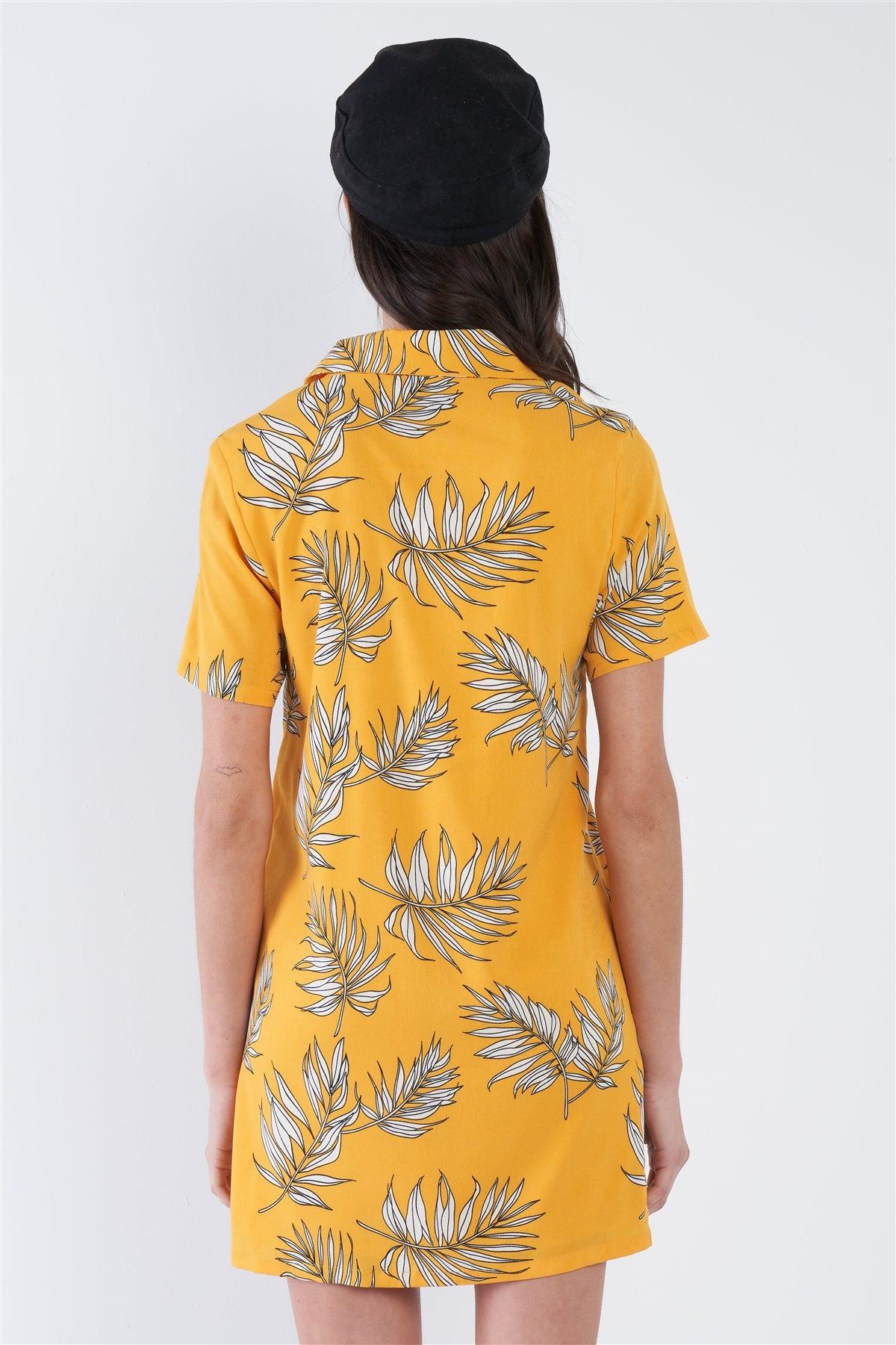 Yellow Tropical Print V-Neck Front Button Mini Shirt Dress /1-2-2