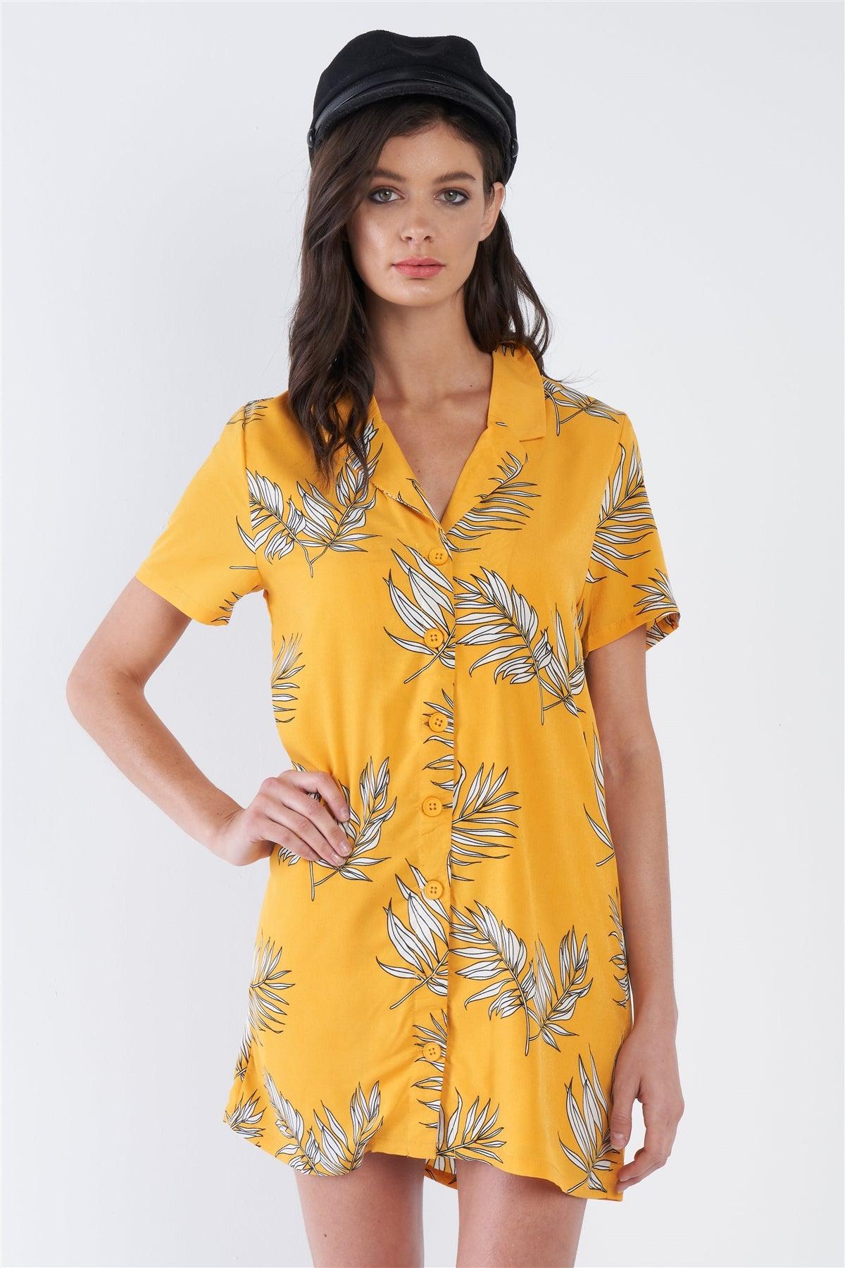 Yellow Tropical Print V-Neck Front Button Mini Shirt Dress /1-2-2