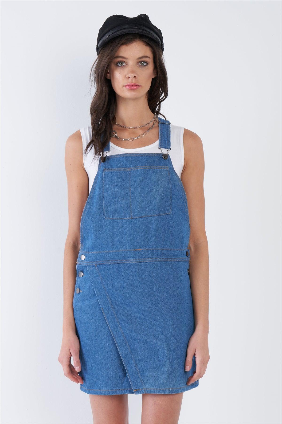 Indigo Blue Cotton Casual Denim Overall Mini Jean Dress /1-1-2