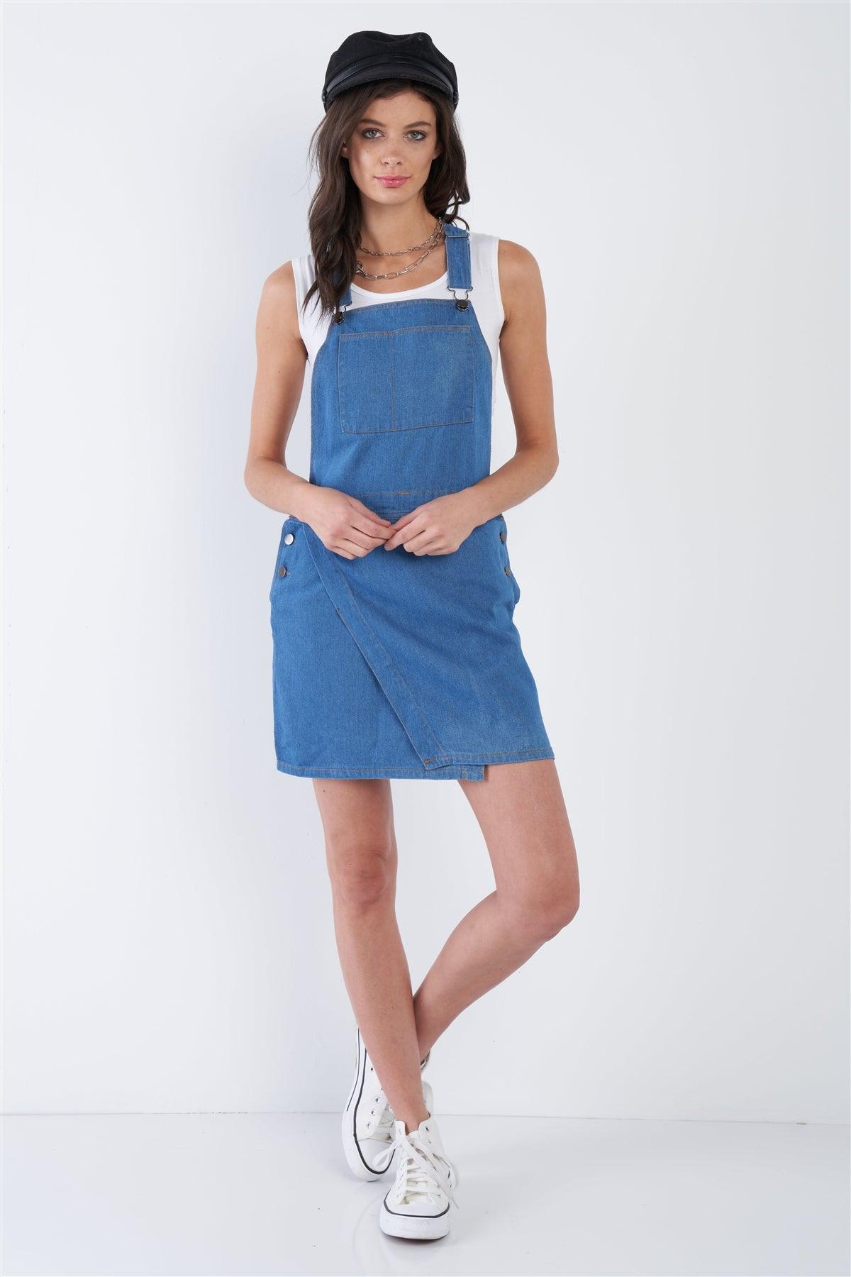 Indigo Blue Cotton Casual Denim Overall Mini Jean Dress /1-1-2