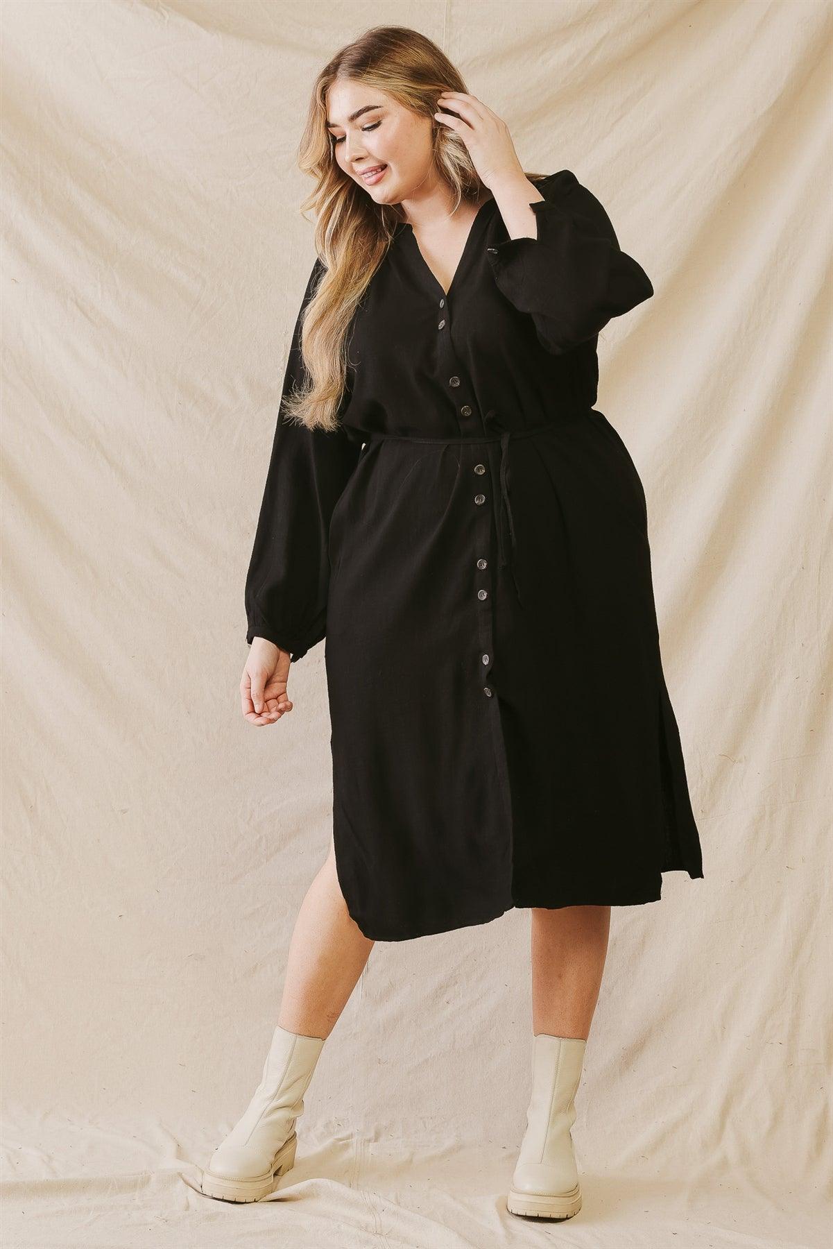 Junior Plus Black Cotton Button-Up Two Pocket Belted Midi Dress /3-2-1 - Tasha Apparel Wholesale