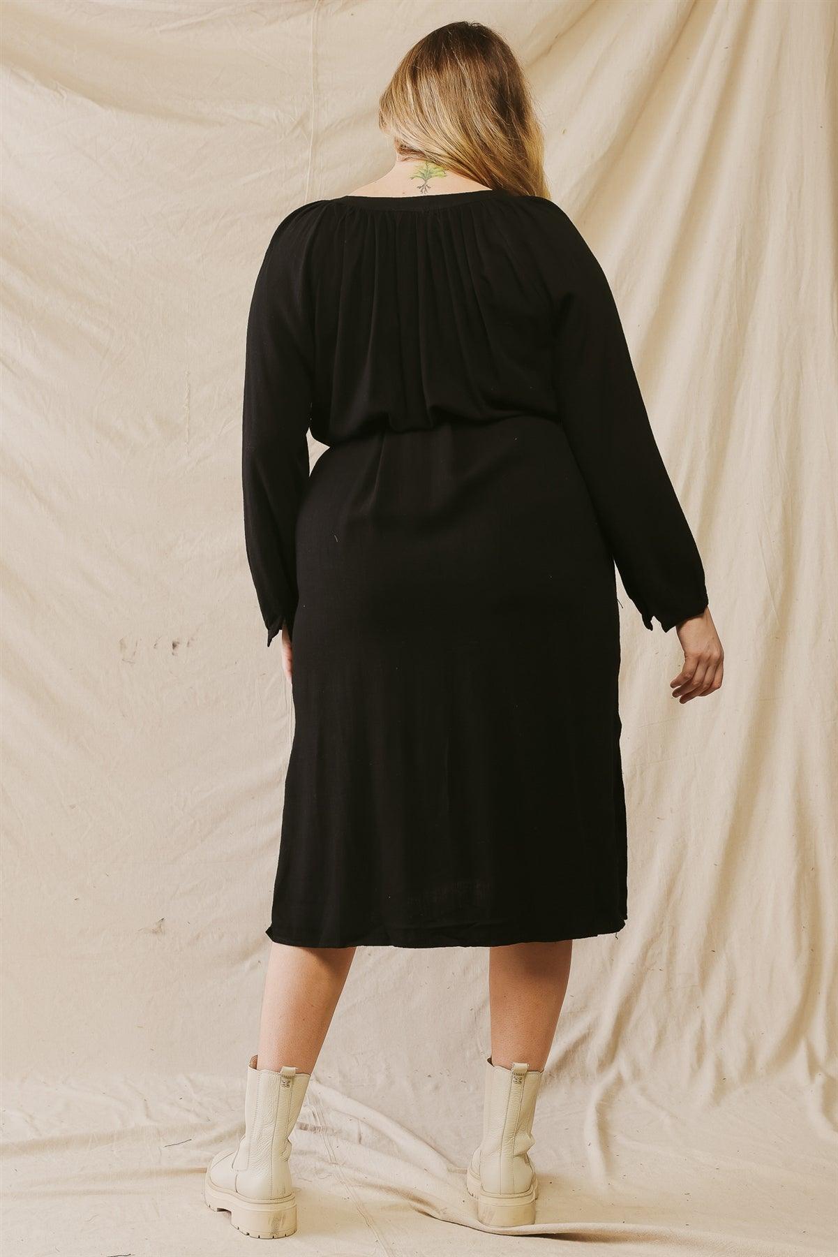 Junior Plus Black Cotton Button-Up Two Pocket Belted Midi Dress /3-2-1 - Tasha Apparel Wholesale