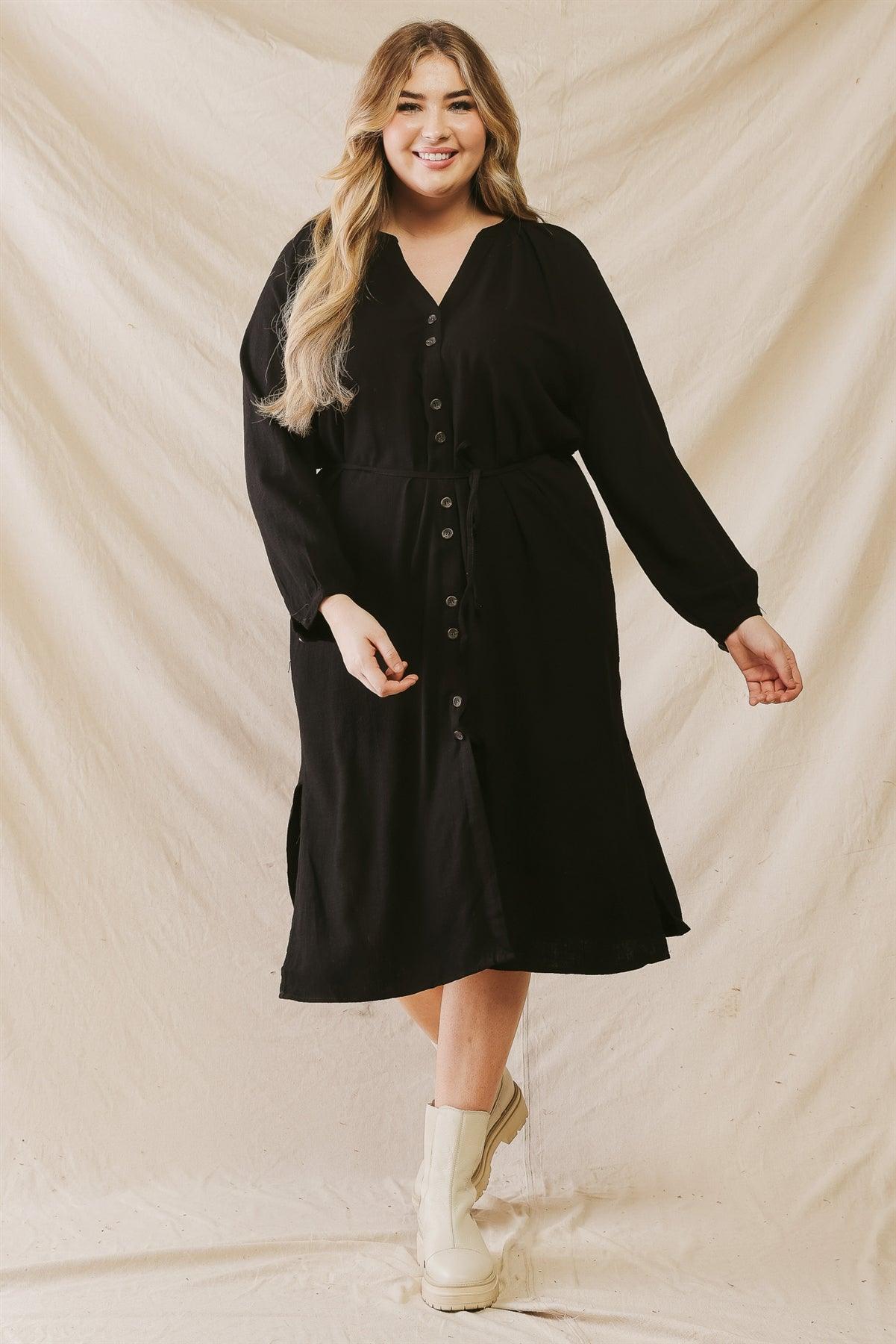 Junior Plus Black Cotton Button-Up Two Pocket Belted Midi Dress /3-2-1 - Tasha Apparel Wholesale