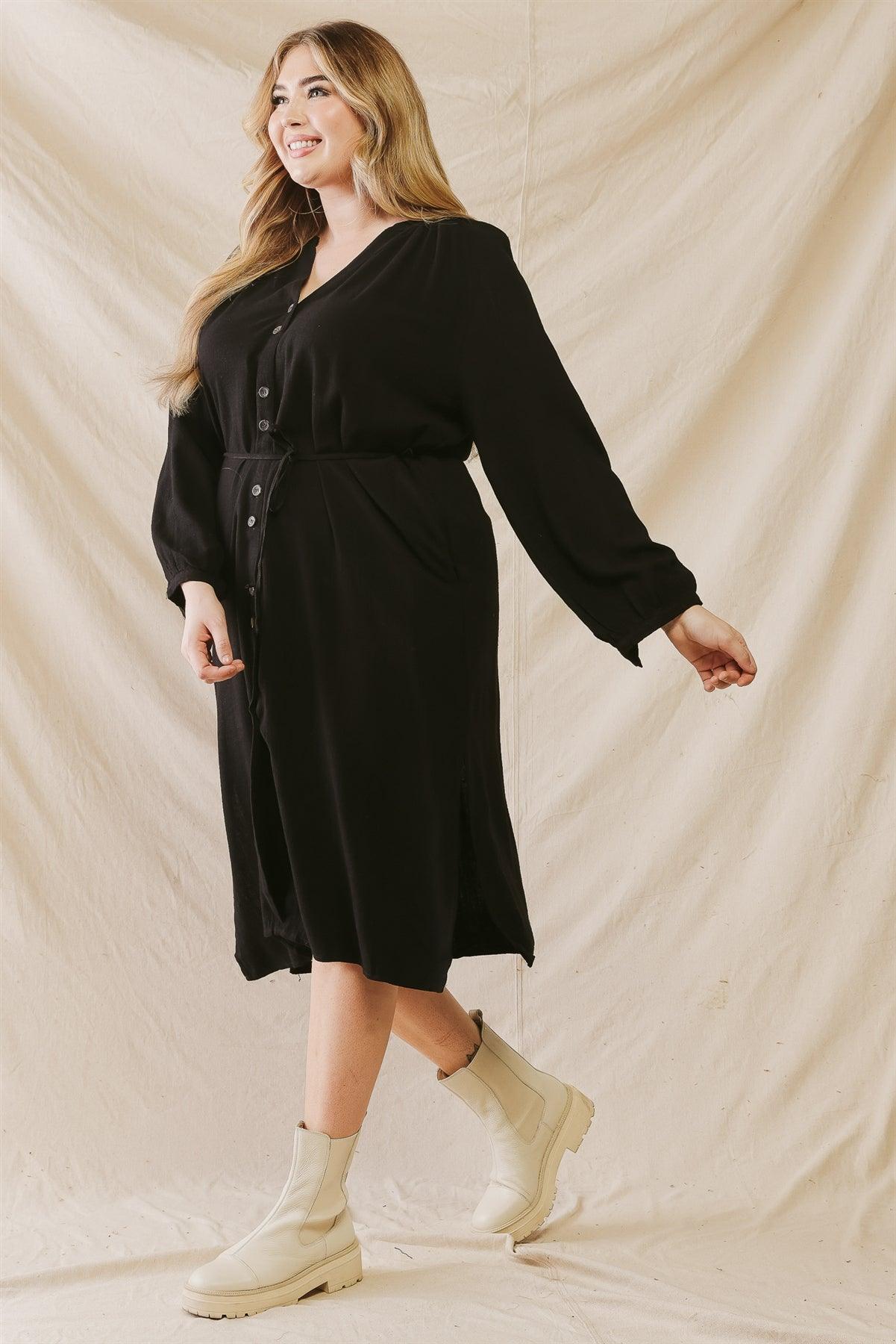 Junior Plus Black Cotton Button-Up Two Pocket Belted Midi Dress /3-2-1 - Tasha Apparel Wholesale