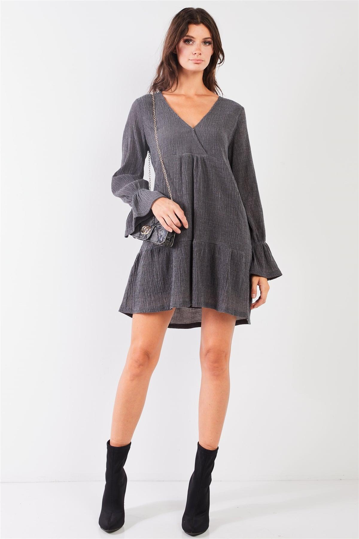 Charcoal Plunging V-Neck High-Waist Long Flare Sleeve Mini Dress /1-2-2