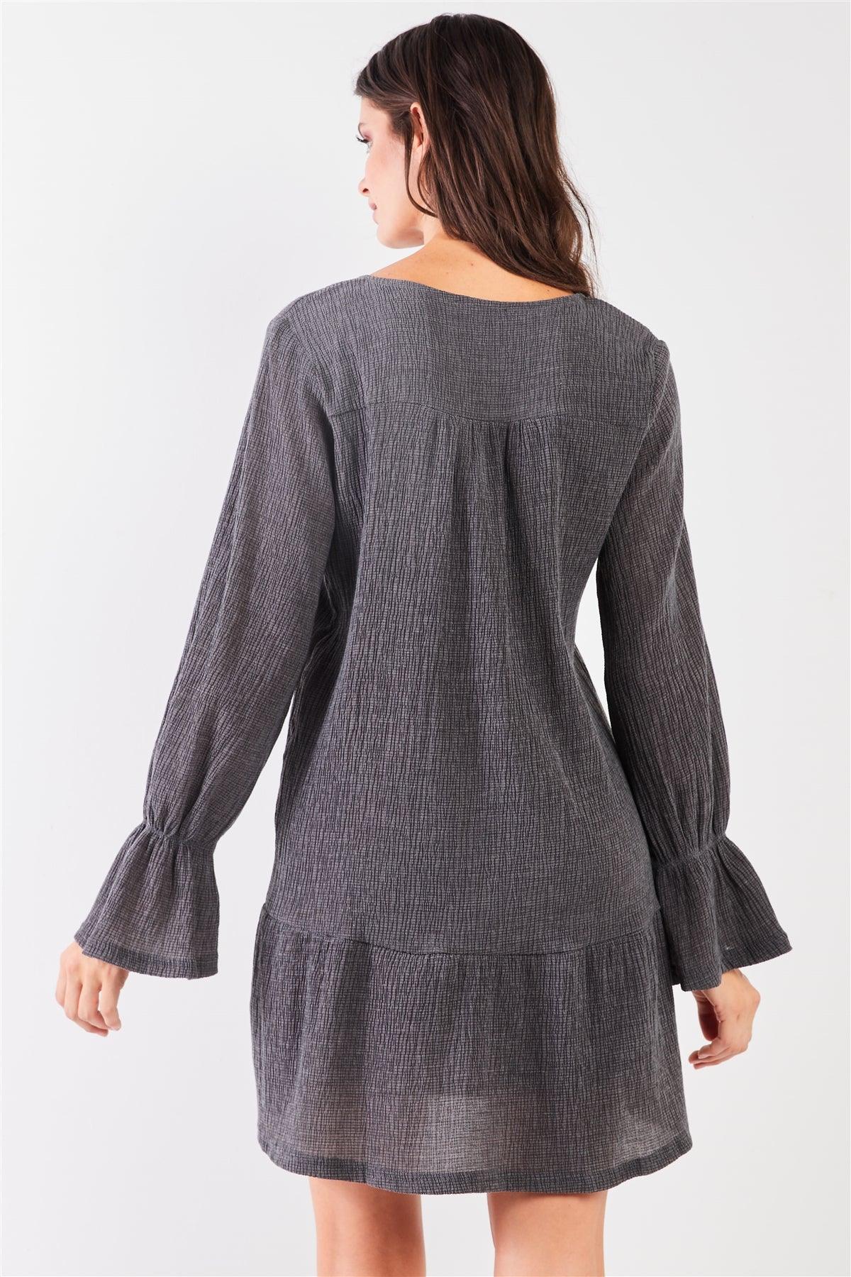 Charcoal Plunging V-Neck High-Waist Long Flare Sleeve Mini Dress /1-2-2