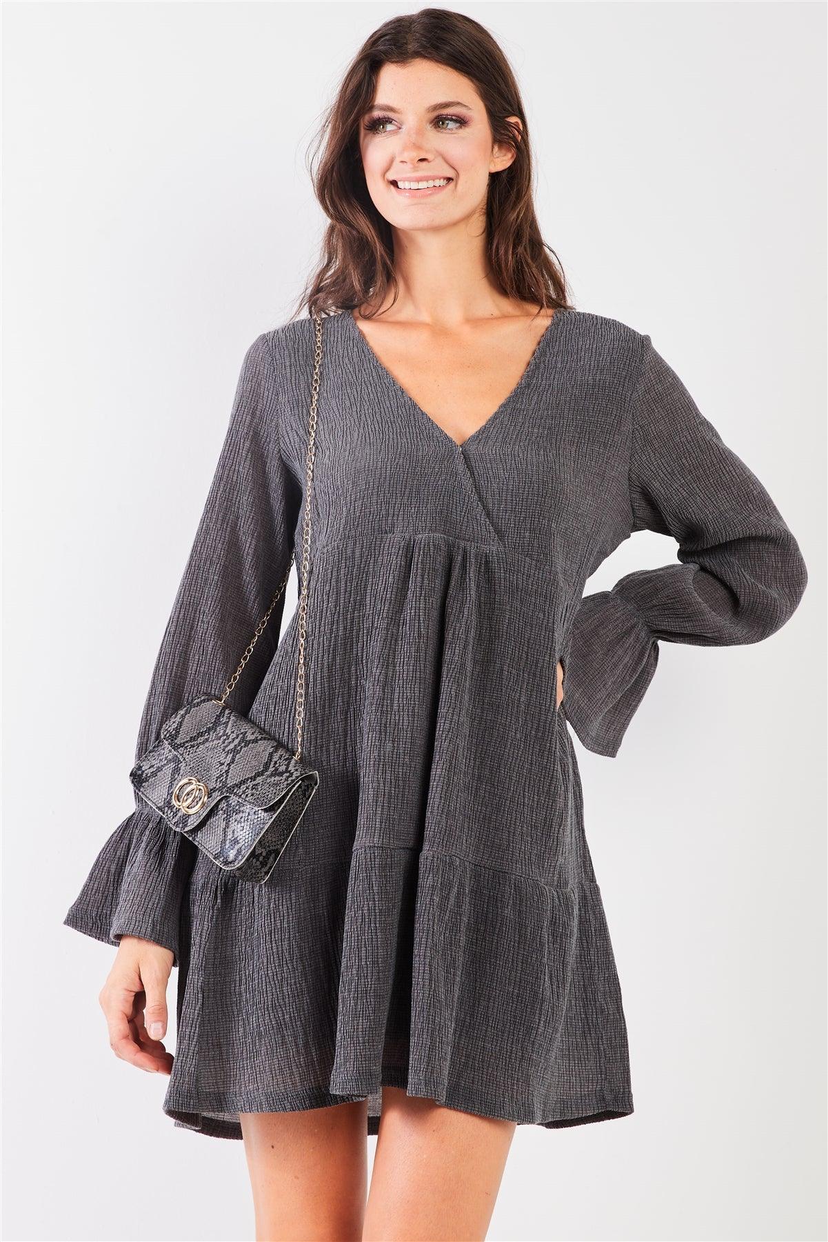 Charcoal Plunging V-Neck High-Waist Long Flare Sleeve Mini Dress /1-2-2