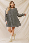 Junior Plus Black Print Ruffle Detail Long Sleeve Mini Dress /3-2-1 - Tasha Apparel Wholesale