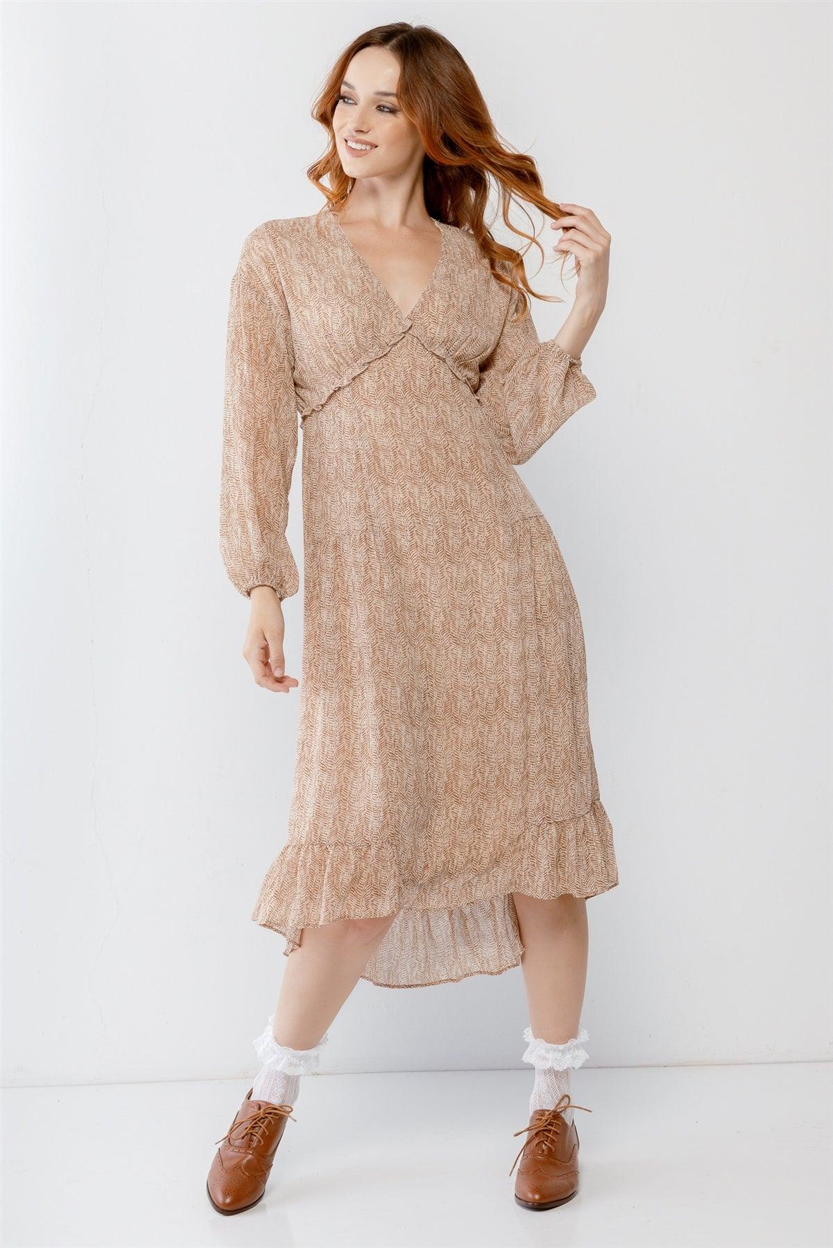 Camel Printed V-Neck Ruffle Detail Flare Hem Midi Dress /2-2-2