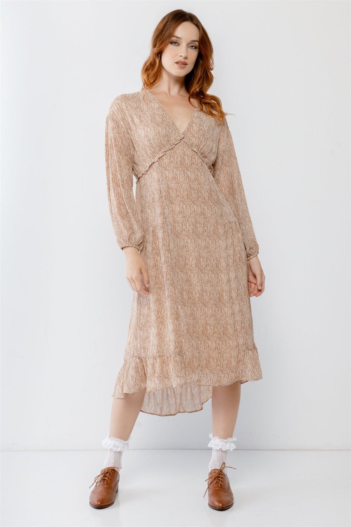 Camel Printed V-Neck Ruffle Detail Flare Hem Midi Dress /2-2-2