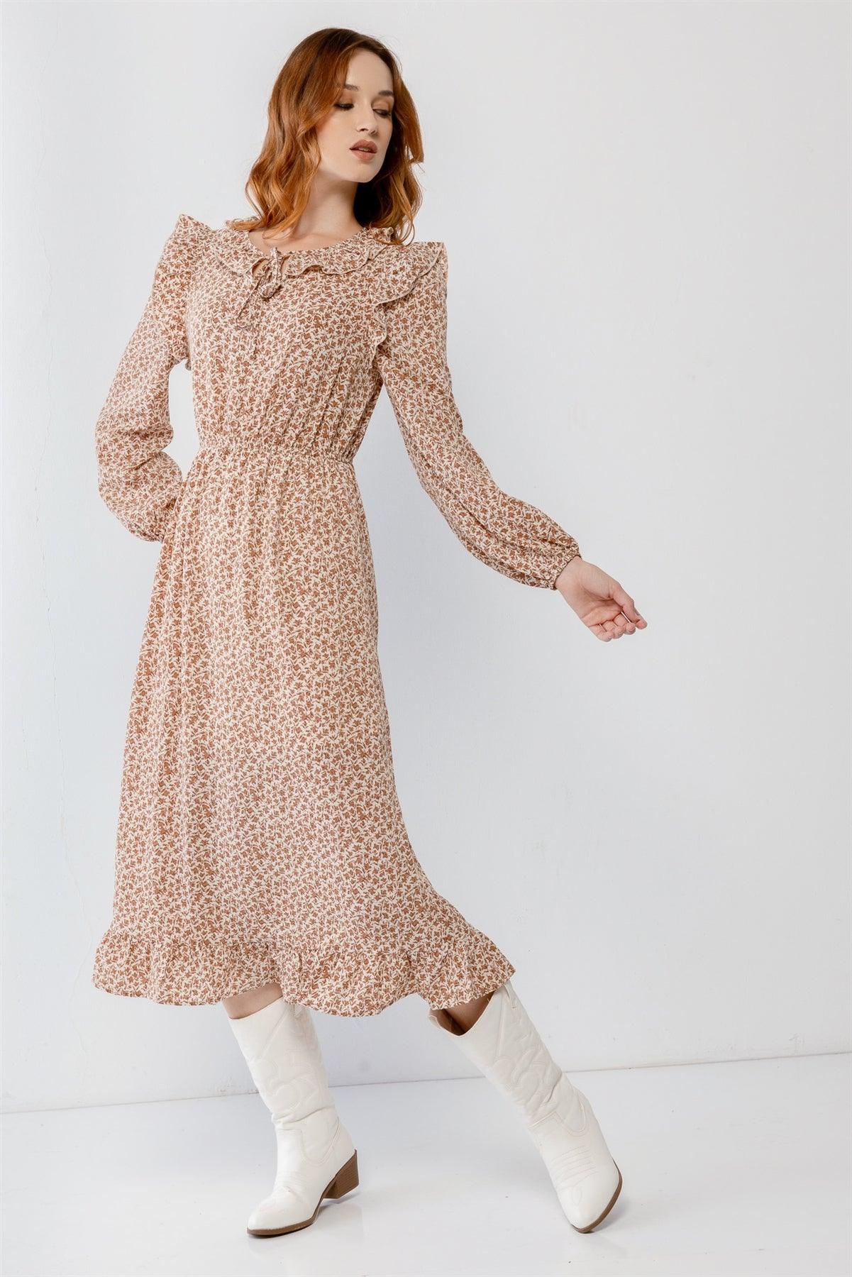 Cream Flower Print Ruffle Crew Neck Cut-Out Detail Flare Hem Midi Dress /2-2-2