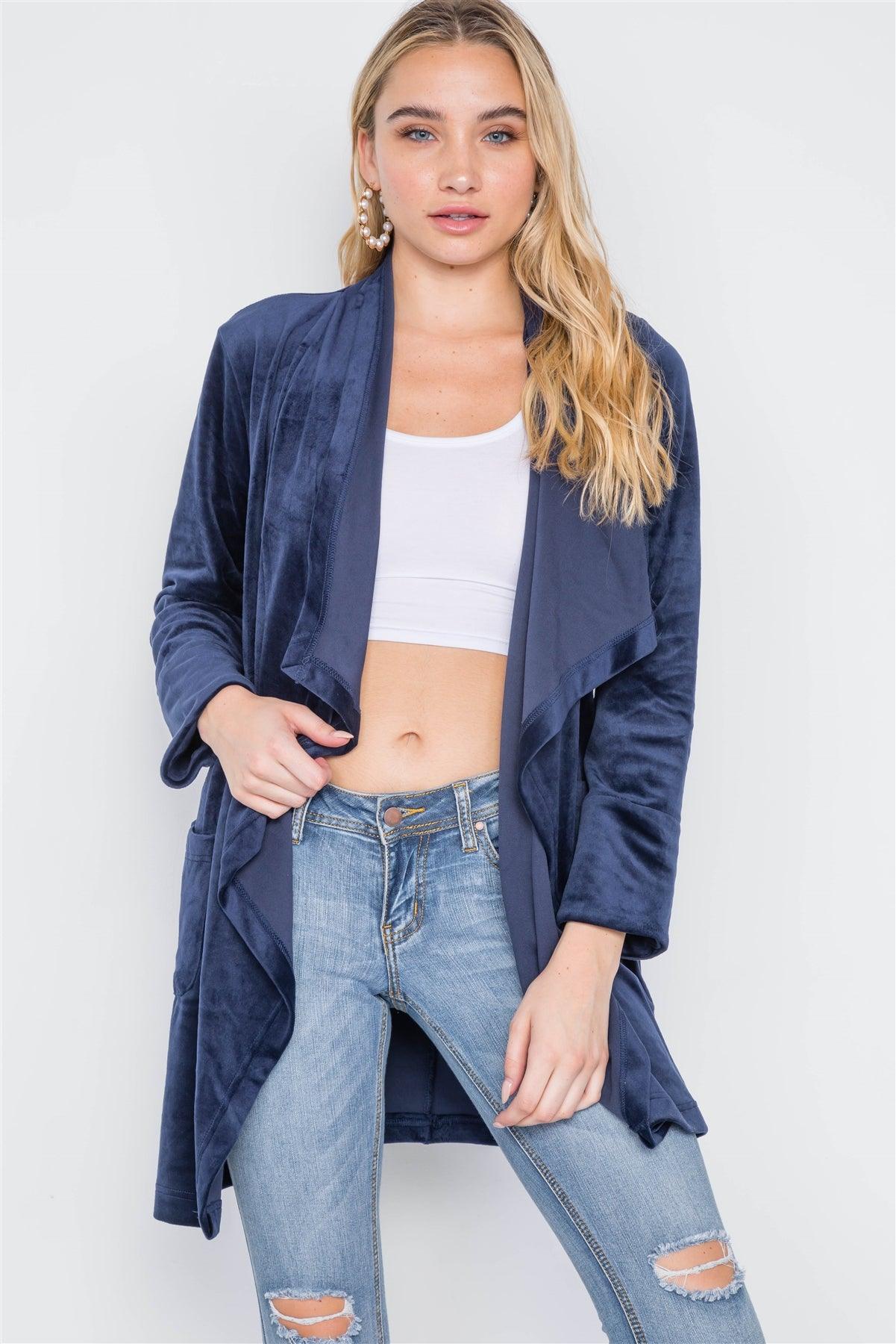 Navy Open Front Long Sleeve Soft Velvet Cardigan /2-2-2