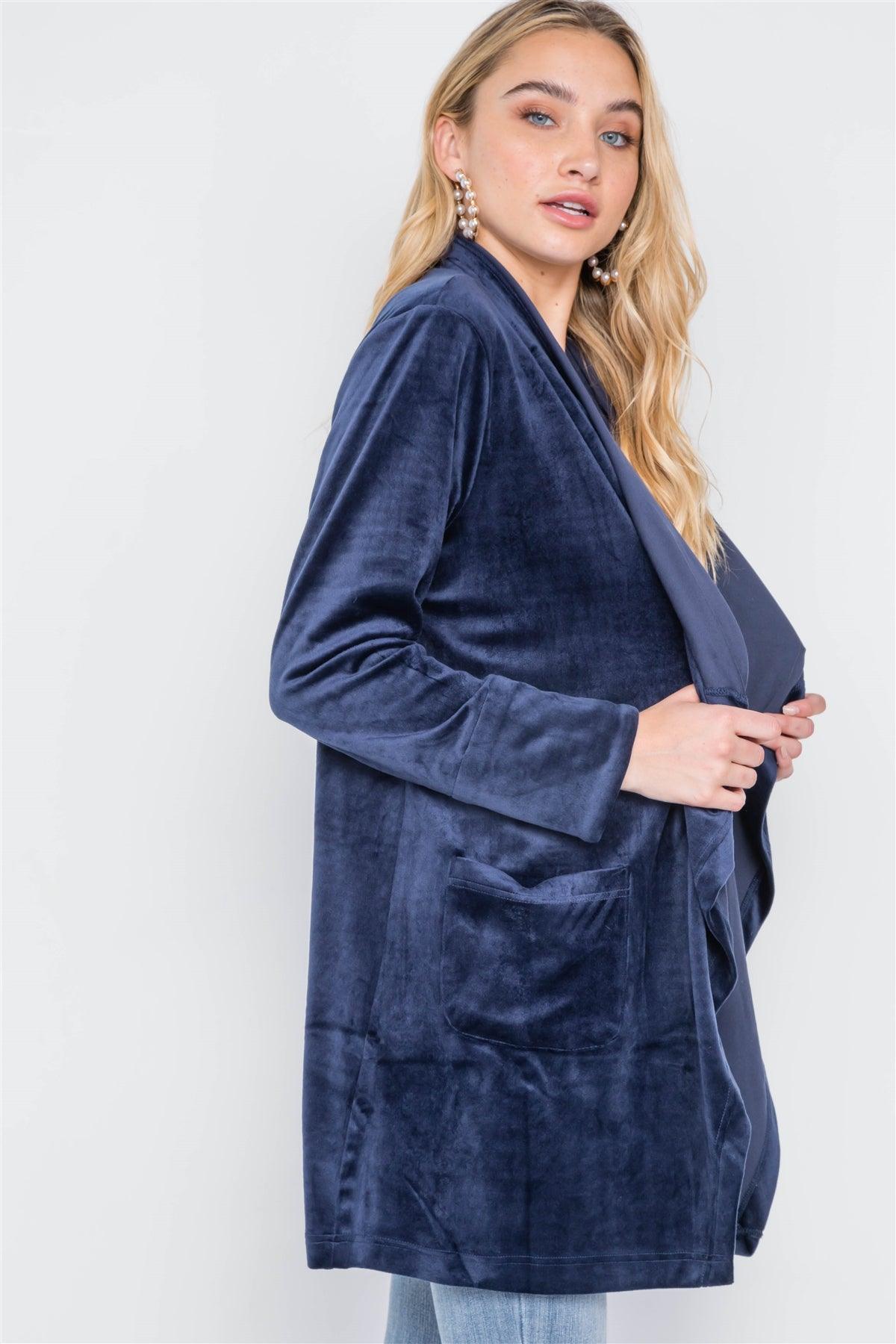 Navy Open Front Long Sleeve Soft Velvet Cardigan /2-2-2