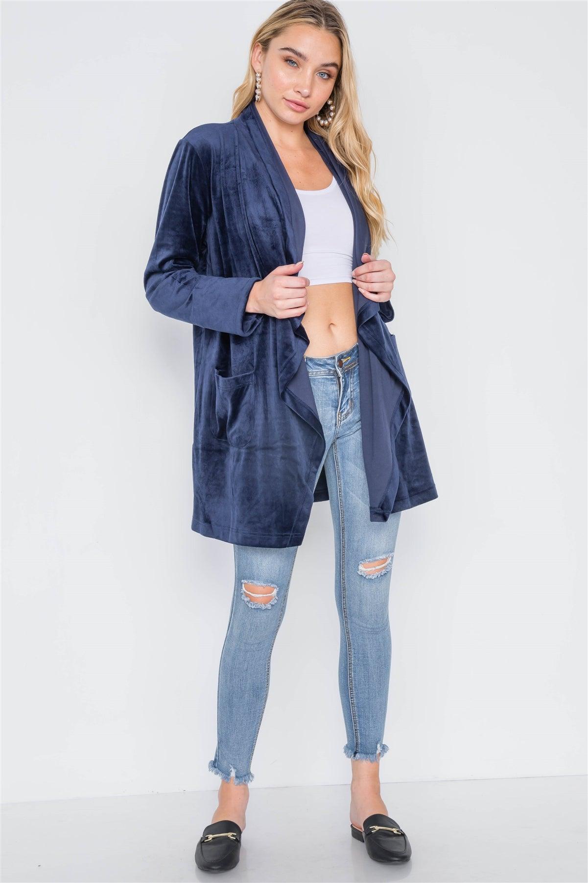 Navy Open Front Long Sleeve Soft Velvet Cardigan /2-2-2