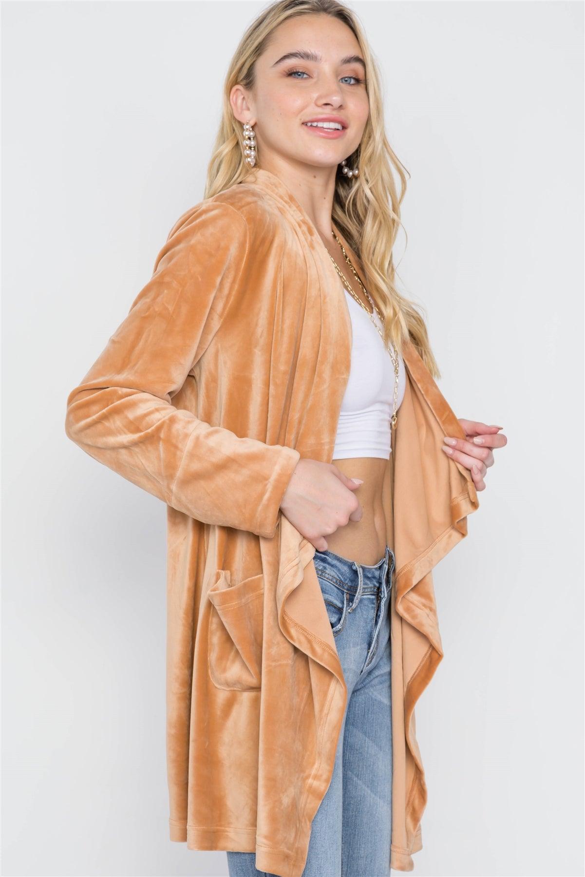 Rust Open Front Long Sleeve Soft Velvet Cardigan /2-2-2