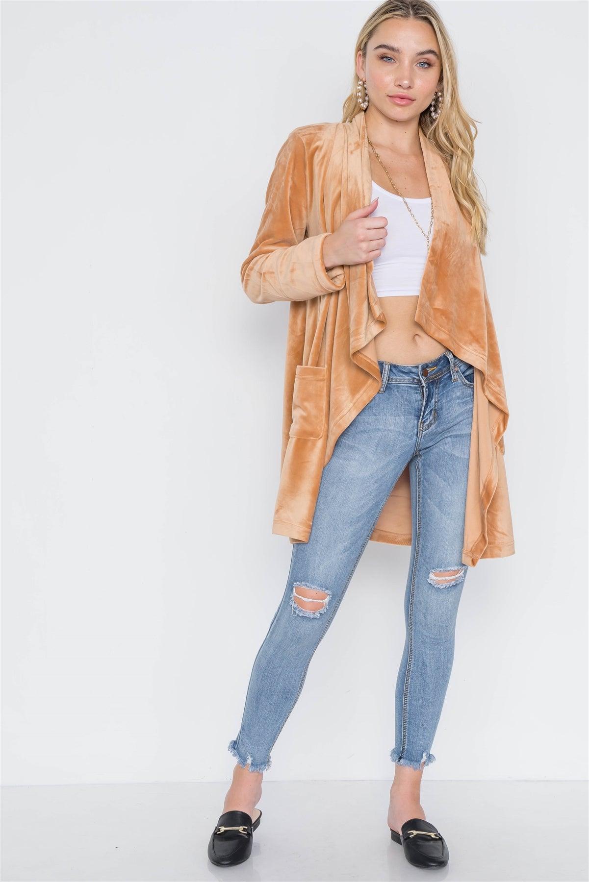 Rust Open Front Long Sleeve Soft Velvet Cardigan /2-2-2