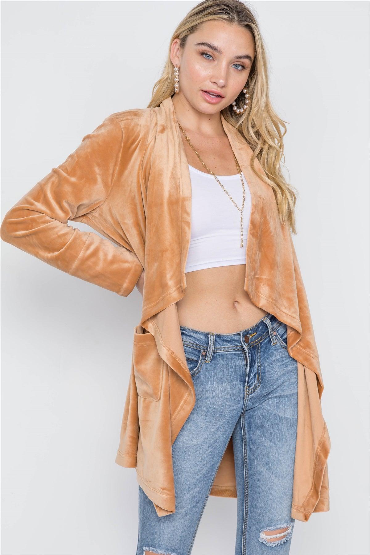 Rust Open Front Long Sleeve Soft Velvet Cardigan /1-2-3