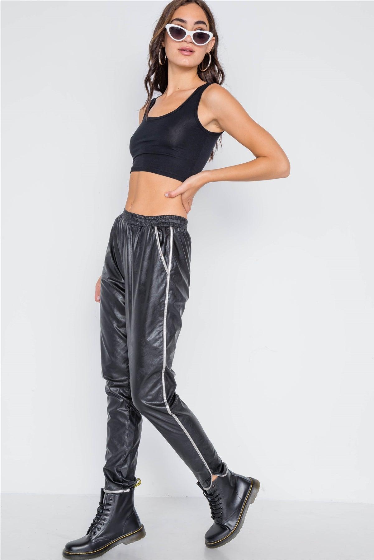 Black Vegan Leather Mid-Rise Pants /2-2-2