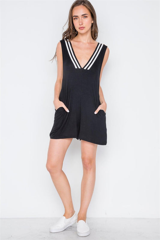 Black Contrast V-Neck Loose Fit Romper /1-1-1