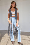 Grey Sleeveless Suede Cropped Boho Vest With Long Fringe Detail /2-2-2