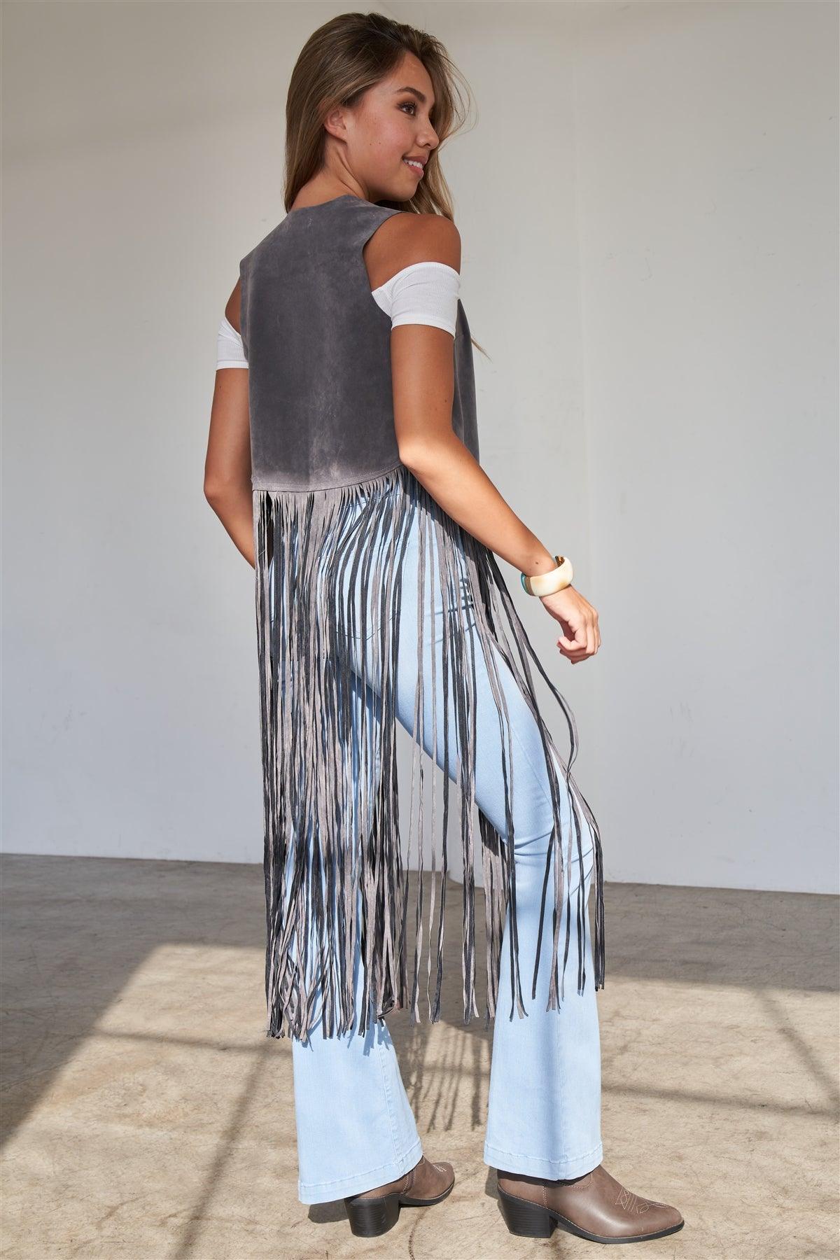 Grey Sleeveless Suede Cropped Boho Vest With Long Fringe Detail /2-2-2