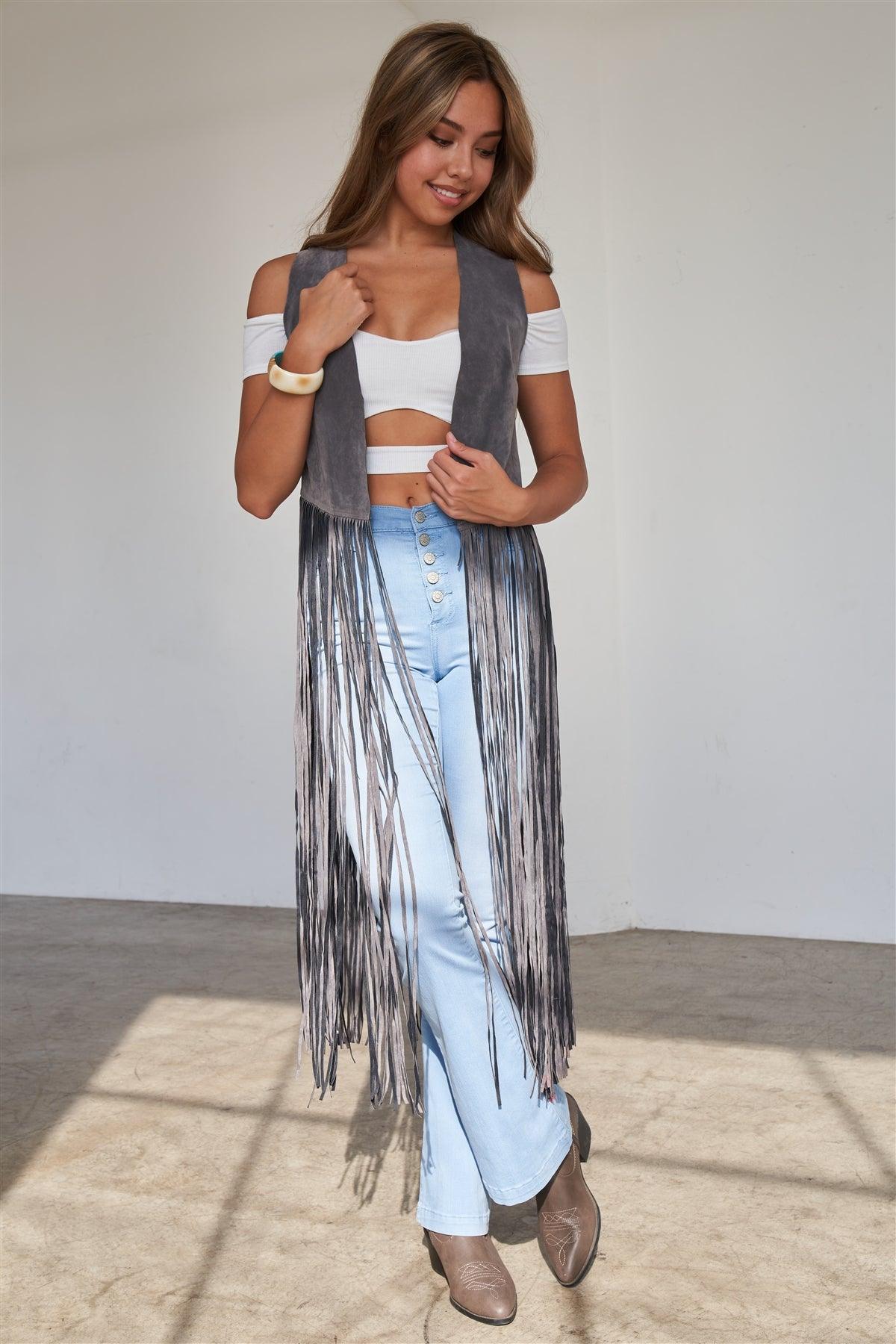 Grey Sleeveless Suede Cropped Boho Vest With Long Fringe Detail /2-2-2