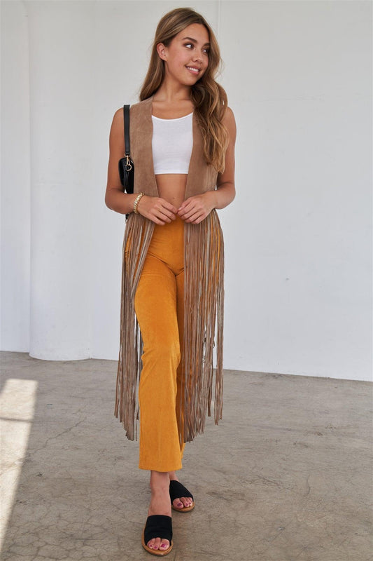 Khaki Sleeveless Suede Cropped Boho Vest With Long Fringe Detail