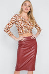 Wine Vegan Leather High-Waist Midi Pencil Skirt /2-2-2