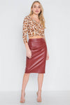 Wine Vegan Leather High-Waist Midi Pencil Skirt  /1-3-3