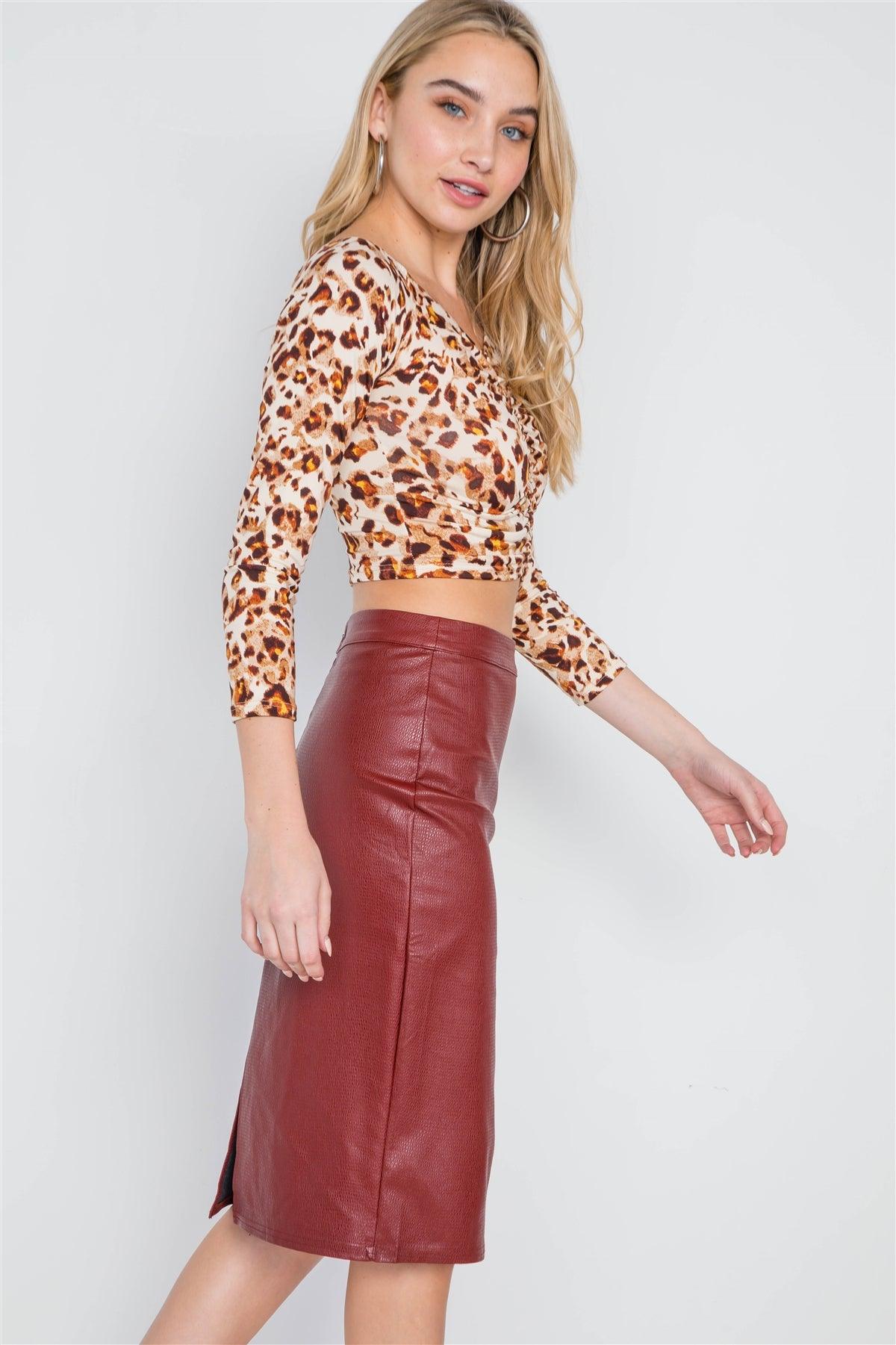 Wine Vegan Leather High-Waist Midi Pencil Skirt  /1-3-3