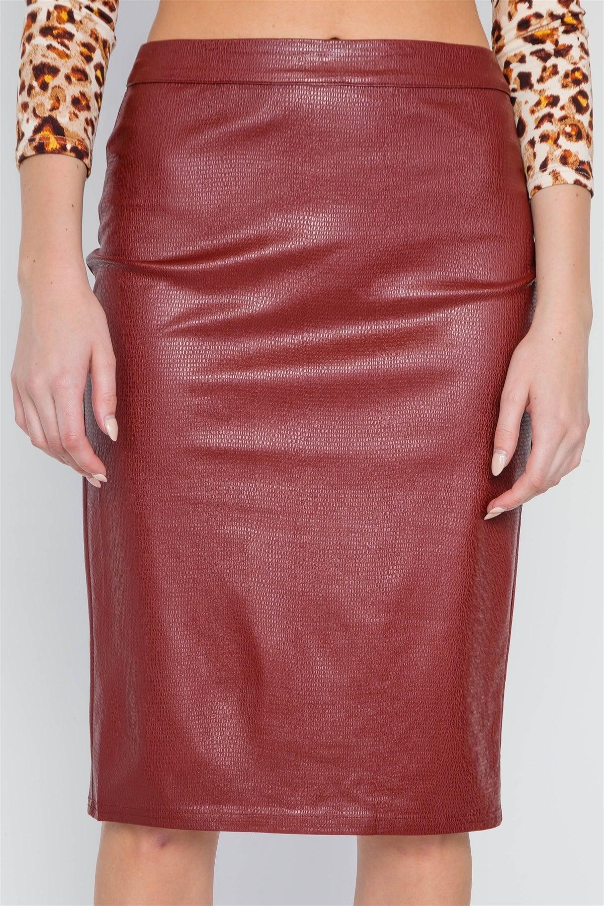 Wine Vegan Leather High-Waist Midi Pencil Skirt  /1-3-3