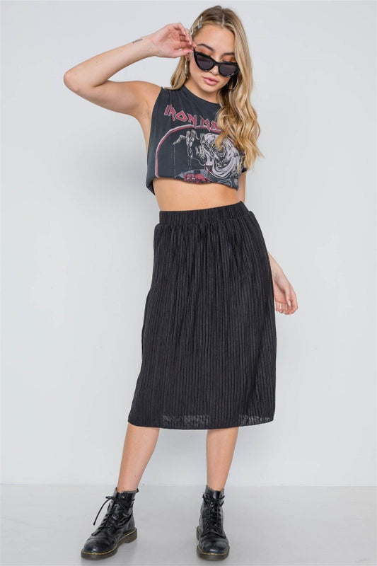 Black Knit Pleated High-Waist Midi Skirt /2-2-2