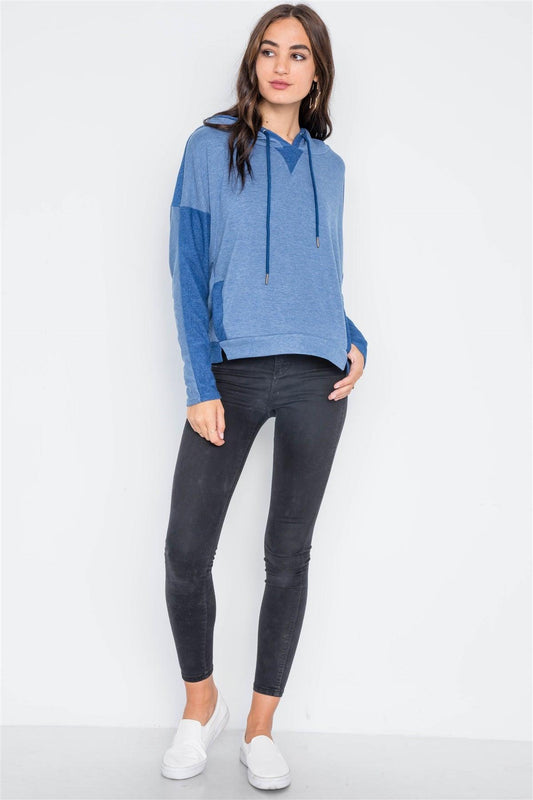 Blue Contrast Long Sleeves Hoodie Sweater /1-2-2