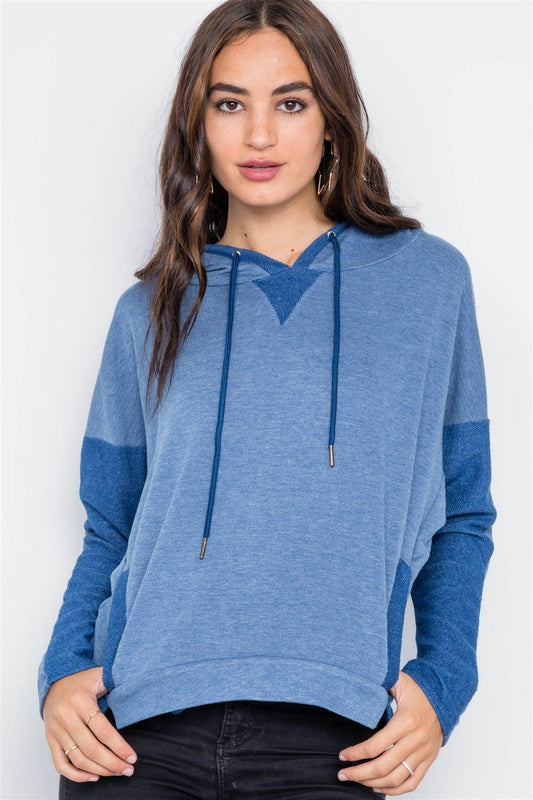 Blue Contrast Long Sleeves Hoodie Sweater /2-2-2