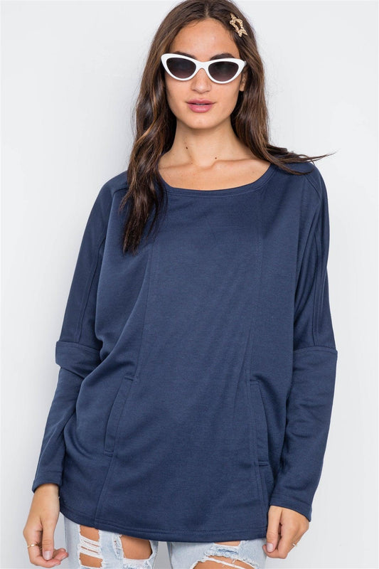 Navy Round Neck Batwing Sleeve Solid Sweater /2-2-2