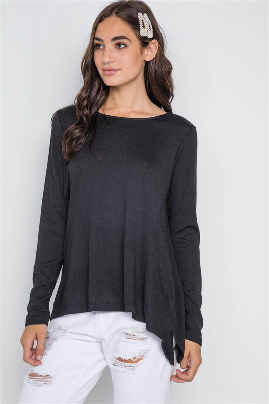 Black Long Sleeve Solid Asymmetrical Sweater /2-2-2