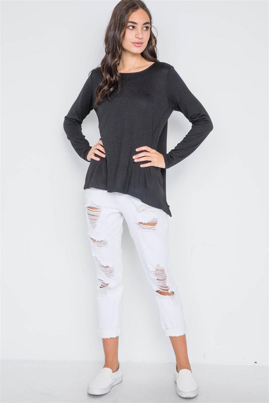 Black Long Sleeve Solid Asymmetrical Sweater /1-3-3