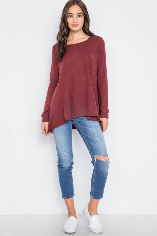 Wine Long Sleeve Loose Fit Solid Top